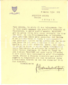 Autografo originale 1934 ROMA Lettera Alessandro DE STEFANI per tournÃ©e di Equatore  AUTOGRAFO 1
