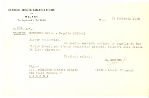 Autografo originale 1940 MILANO Scuole Medie Israelitiche  Lettera preside Yoseph COLOMBO AUTOGRAFO 1