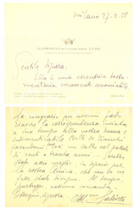 Autografo originale 1958 MILANO Scultore Luigi GABRIELLI  Biglietto ringraziamento AUTOGRAFO 1