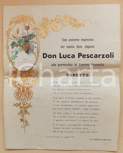 Documento originale, autentico 1938 PAISCO LOVENO BS Sonetto per il nuovo parroco don Luca PESCARZOLI 1