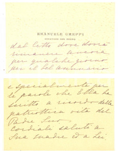 Autografo originale 1920 ca Senatore Emanuele GREPPI  Biglietto da visita AUTOGRAFO 1