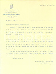 Documento originale, autentico 1929 TORINO Sindacato Fascista GEOMETRI Lettera per celebrazione Marcia su Roma 1