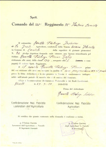 Documento originale, autentico 1939 VERCELLI Richiesta licenza per Pierino RAMELLA PRALUNGO per raccolta riso 1