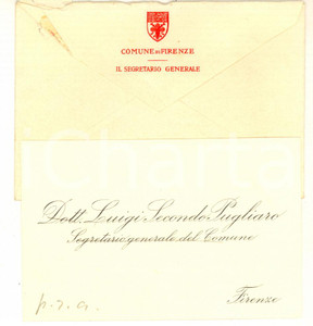 Autografo originale 1930 ca FIRENZE Luigi Secondo PUGLIARO  Biglietto da visita con sigla autografa 1