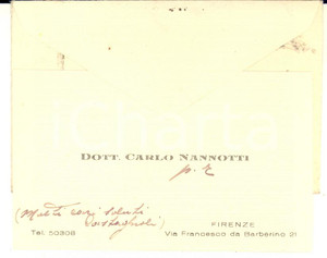 Autografo originale 1939 FIRENZE Dott. Carlo NANNOTTI  Biglietto da visita con sigla autografa 1