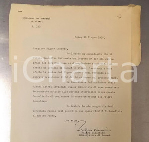 Autografo originale 1955 ROMA Embajada de PANAMA in Italia  Lettera Rafael VALLARINO  Autografo 1