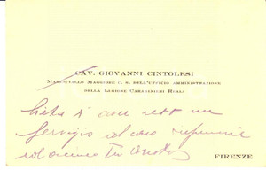 Autografo originale 1940 ca FIRENZE Giovanni CINTOLESI  Carabinieri Reali  Biglietto AUTOGRAFO 1