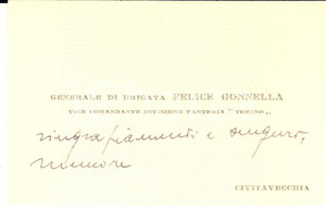 Autografo originale 1940 ca CIVITAVECCHIA Generale di Brigata Felice GONNELLA Biglietto AUTOGRAFO 1