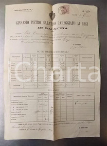 Oggetto da collezione cartaceo 1889 GALATINA Ginnasio Pietro Galatino  Pagella di Tommaso STASI classe III 1