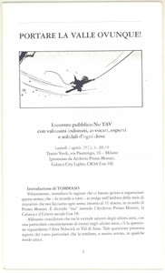 Libro, pubblicazione d epoca 2013 AA.VV. MILANO Portare la Valle ovunque!  Incontro pubblico NO TAV 32 pp. 1