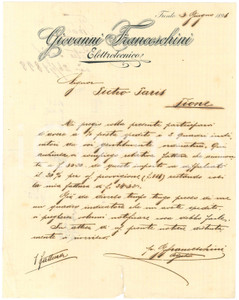 Documento originale, autentico 1898 TRENTO Giovanni FRANCESCHINI elettrotecnico  Lettera per saldo 1