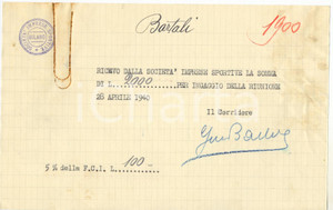Autografo originale 1940 CICLISMO Milano Vigorelli  Ricevuta Gino BARTALI per corsa  AUTOGRAFO 1
