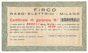 Materiale pubblicitario d’epoca 1950 ca MILANO  FIRCO Rasoi elettrici  Certificato di garanzia rasoio RHODEX 1