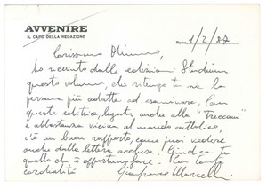 Autografo originale 1987 ROMA  AVVENIRE  Gianfranco MARCELLI per recensione volume  AUTOGRAFO 1