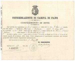 Documento originale, autentico 1889 FANO Congregazione di CaritÃ   Conferimento dote a Palma PALAZZI zitella 1