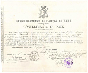 Documento originale, autentico 1885 FANO Congregazione di CaritÃ   Conferimento dote a Maria BROCCOLI zitella 1