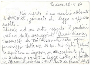Manoscritto, lettera originale 1987 PADOVA Cartolina ad Avvenire  LINUS fumetto immorale e disfattista 1