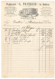 Documento originale, autentico 1887 PADOVA Via Portici Alti 1090  Magazzeni L. PAVEGGIO  Fattura 1