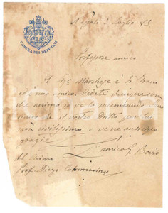 Autografo originale 1883 NAPOLI Lettera on. Giovanni BOVIO pro marchese amico  AUTOGRAFO 1