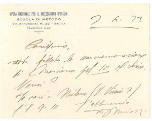 Autografo originale 1921 L AQUILA Biglietto don Giovanni MINOZZI per commemorazione AUTOGRAFO 1