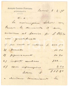 Autografo originale 1895 PADOVA Lettera avv. Adolfo CARDIN FONTANA per assicurazione AUTOGRAFO 1