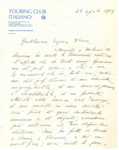 Autografo originale 1969 MILANO TOURING CLUB ITALIANO Lettera Angelo RESTELLI   AUTOGRAFO 1