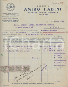 Documento originale, autentico 1925 MILANO Via L. Settembrini 18  Corderia Amiro FADINI  Fattura 1