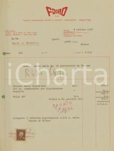 Documento originale, autentico 1947 MILANO Via Gabrio Casati 1  FJORD S.A. Trasporto di amido  Fattura 1