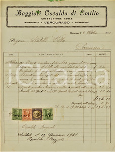 Documento originale, autentico 1940 VERCURAGO LC BAGGIOLI Osvaldo di Emilio  Costruzioni edili  Fattura 1