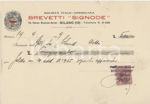 Documento originale, autentico 1929 MILANO  SocietÃ  Brevetti SIGNODE Saldo deposito apparecchi  Ricevuta 1