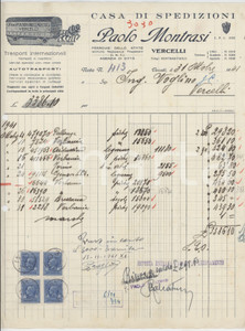 Documento originale, autentico 1941 VERCELLI  Casa di spedizioni Paolo MONTRASI Trasporti  Fattura 1