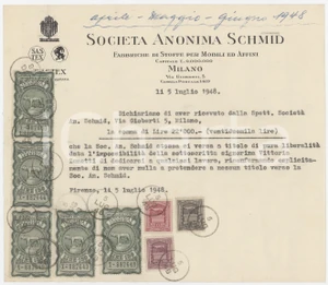 Documento originale, autentico 1948 MILANO Via Gioberti 5  SocietÃ  Anonima SCHMID Stoffe per mobili  Ricevuta 1