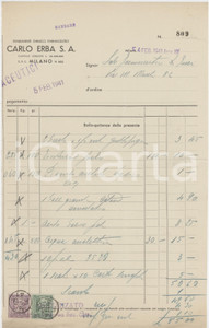 Documento originale, autentico 1941 MILANO  Carlo ERBA S.A. Stabilimenti Chimico Farmaceutici  Fattura 1