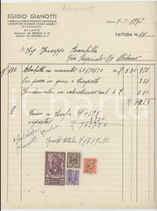 Documento originale, autentico 1949 MILANO Via Brioschi 92  Egidio GIANOTTI Lavori in cemento  Fattura 1