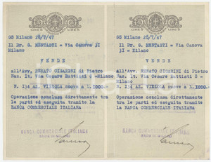 Documento originale, autentico 1947 MILANO  Banca Commerciale Italiana  Vendita azioni  Ricevuta 1