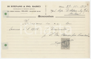 Documento originale, autentico 1928 MILANO DI STEFANO & Ing. RADICI Costruzioni in cemento armato  Memorandum 1