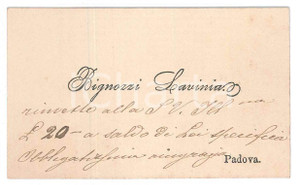 Oggetto da collezione cartaceo 1910 ca PADOVA Lavinia BIGNOZZI  Biglietto da visita con messaggio 1