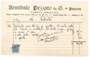 Documento originale, autentico 1924 PADOVA Via Cesare Battisti  Annibale PEZZATO fu B. Fumista  Fattura 1