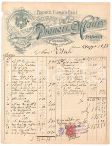 Documento originale, autentico 1923 PADOVA  PIANERI E MAURO Premiata Farmacia Reale all UniversitÃ   Fattura 1