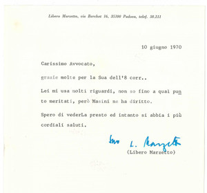 Autografo originale 1970 PADOVA Lettera Libero MARZETTO per ringraziamenti  AUTOGRAFO 1