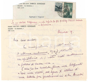 Autografo originale 1947 MILANO Lettera Enrico GONZALES per invito da Marzotto rifiutato AUTOGRAFO 1