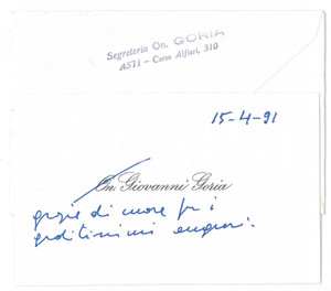 Autografo originale 1991 ASTI On. Giovanni GORIA   Biglietto di auguri AUTOGRAFO 1