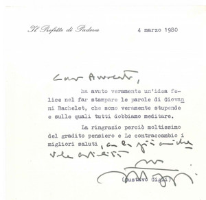 Autografo originale 1980 PADOVA Prefetto Gustavo GIGLI  Lettera per omaggio libro  AUTOGRAFO 1