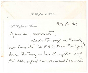 Autografo originale 1973 PADOVA Prefetto Gustavo GIGLI  Biglietto ringraziamento  AUTOGRAFO 1