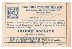 Oggetto da collezione cartaceo 1918 MILANO UniversitÃ  Popolare Milanese  Corso Eugenio BAJLA Biglietto 1