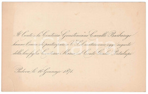 Documento originale, autentico 1871 PADOVA Partecipazione nozze conti Maria GIUSTINIANI  Giulio PORTALUPI 1