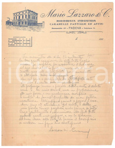 Documento originale, autentico 1920 ca PADOVA Mario LAZZARO  Caramelle e pastiglie  Lettera commerciale 1