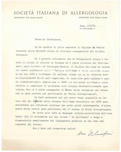 Autografo originale 1954 FIRENZE Lettera Umberto SERAFINI  SocietÃ  Italiana Allergologia AUTOGRAFO 1