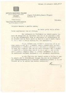 Autografo originale 1938 MILANO Istituto Biochimico Italiano  Lettera Giovanni LORENZINI AUTOGRAFO 1