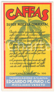 Materiale pubblicitario d’epoca 1950 ca MOGLIANO VENETO Edgardo PESARO Miscela CAFFAS Cartoncino pubblicitario 1